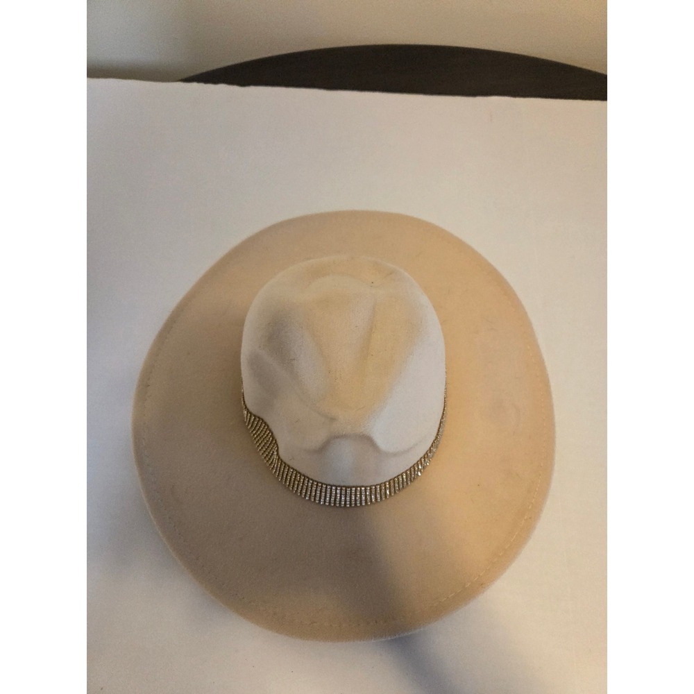 Wide Brim Fedora Hat Cream Beige Rhinestone Band Felt Boho Western Style